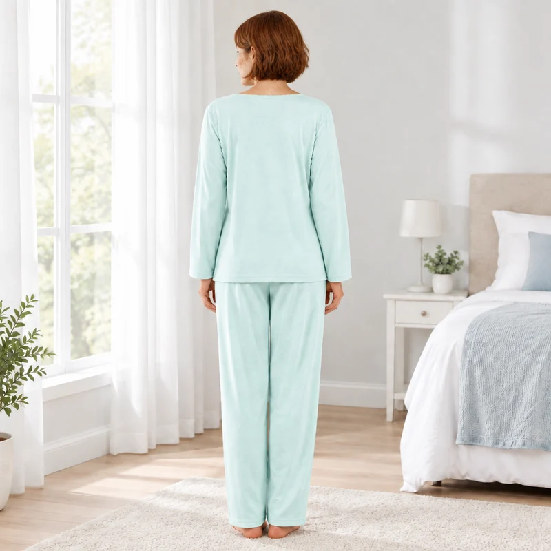 Damen-Pyjama-Set aus gebürstetem Stoff mit Blumenstickerei, Rosa & Türkis