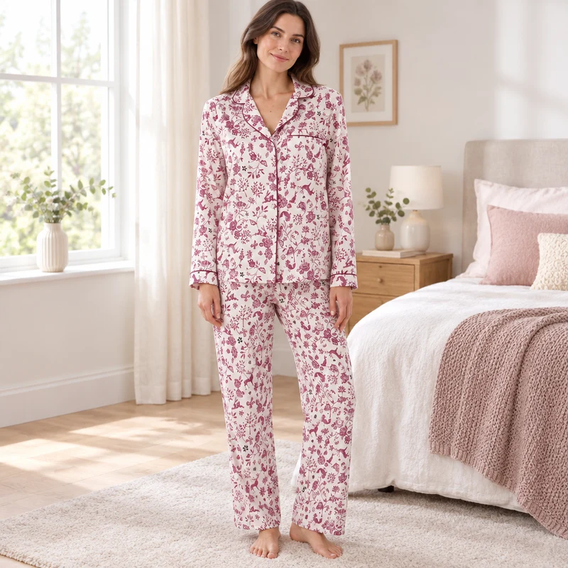 Damen-Pyjama-Set mit Waldmotiv aus kuscheligem, gebürstetem Leder