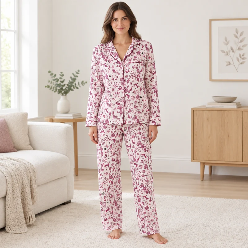 Damen-Pyjama-Set mit Waldmotiv aus kuscheligem, gebürstetem Leder