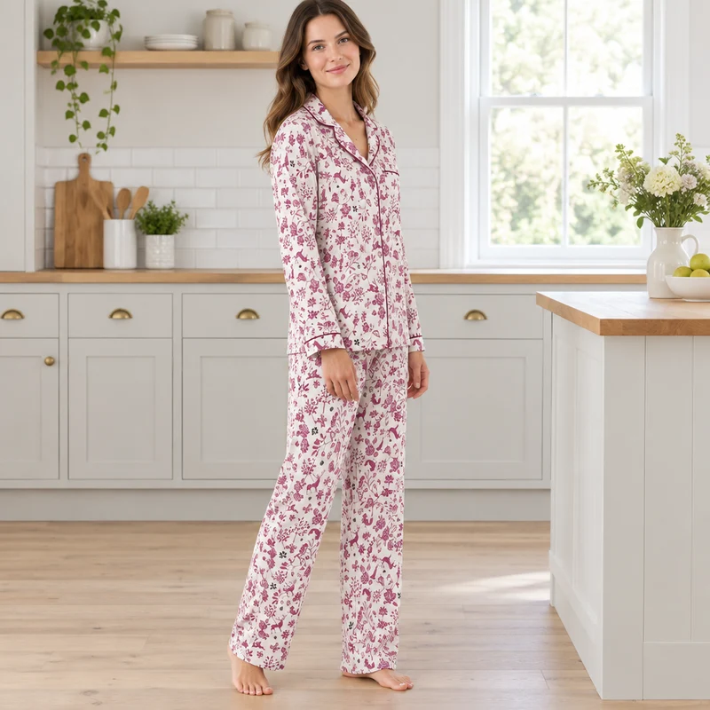 Damen-Pyjama-Set mit Waldmotiv aus kuscheligem, gebürstetem Leder