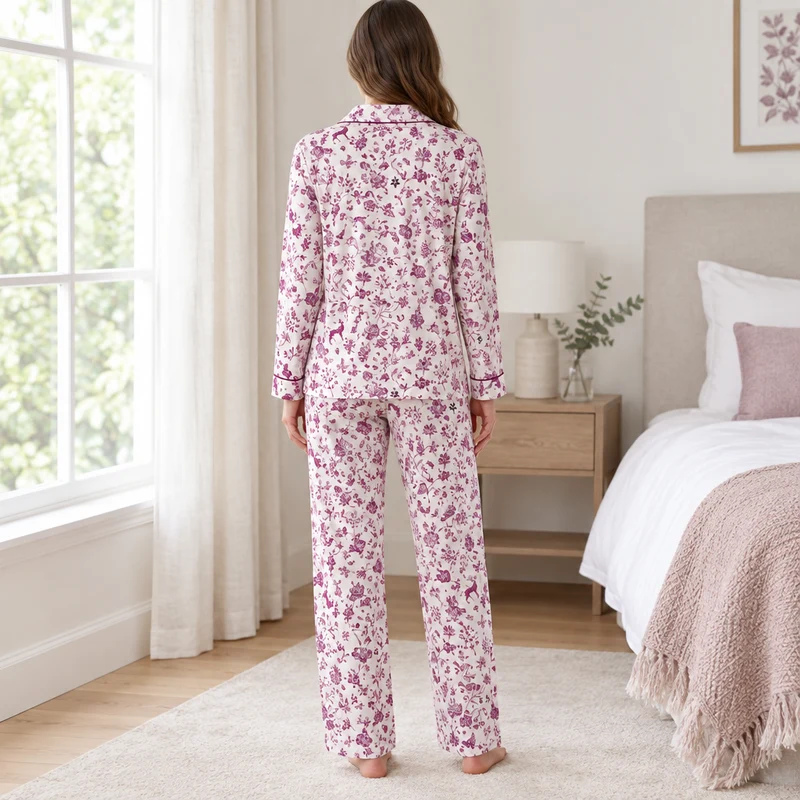Damen-Pyjama-Set mit Waldmotiv aus kuscheligem, gebürstetem Leder