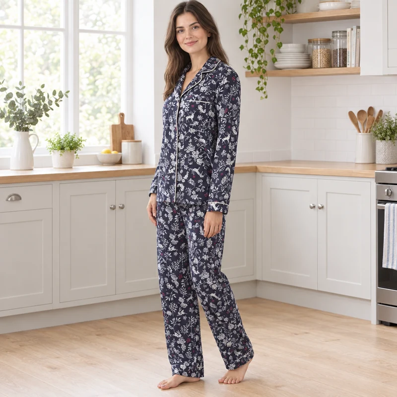 Damen-Pyjama-Set mit Waldmotiv aus kuscheligem, gebürstetem Leder