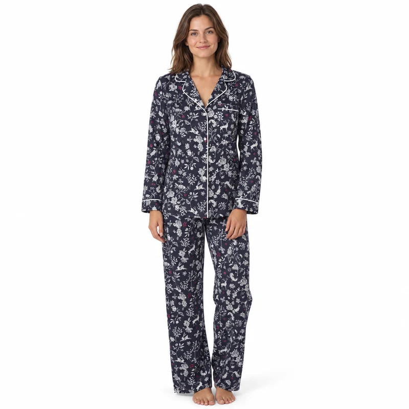 Damen-Pyjama-Set mit Waldmotiv aus kuscheligem, gebürstetem Leder