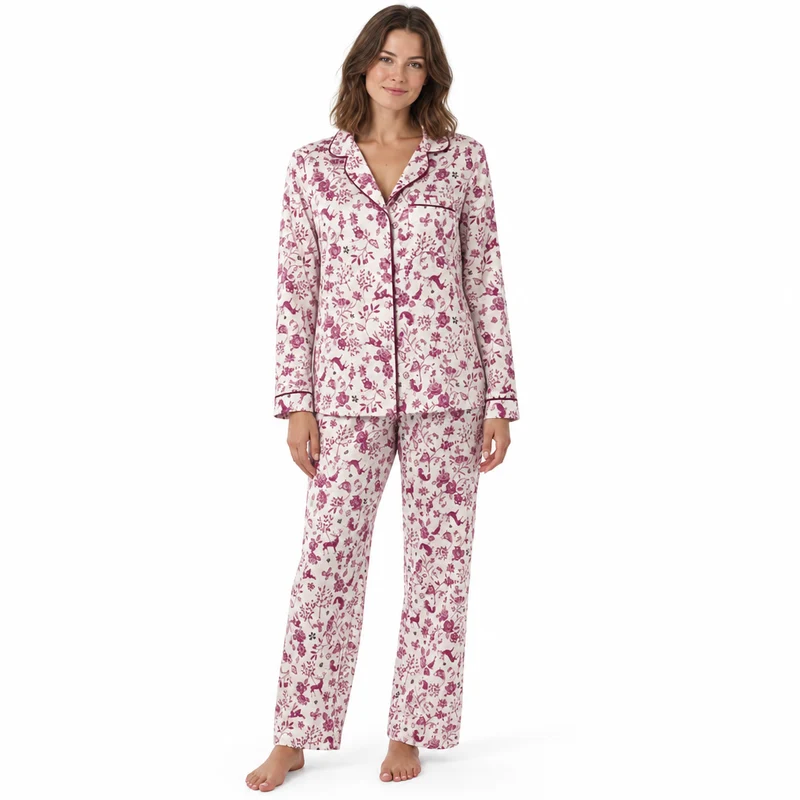 Damen-Pyjama-Set mit Waldmotiv aus kuscheligem, gebürstetem Leder