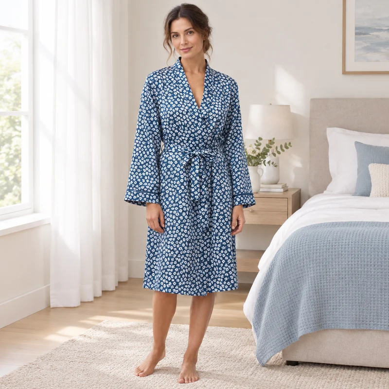Damen-Satin-Kimono, luxuriöser Seiden-Morgenmantel, Pflaumenblau, Stahl