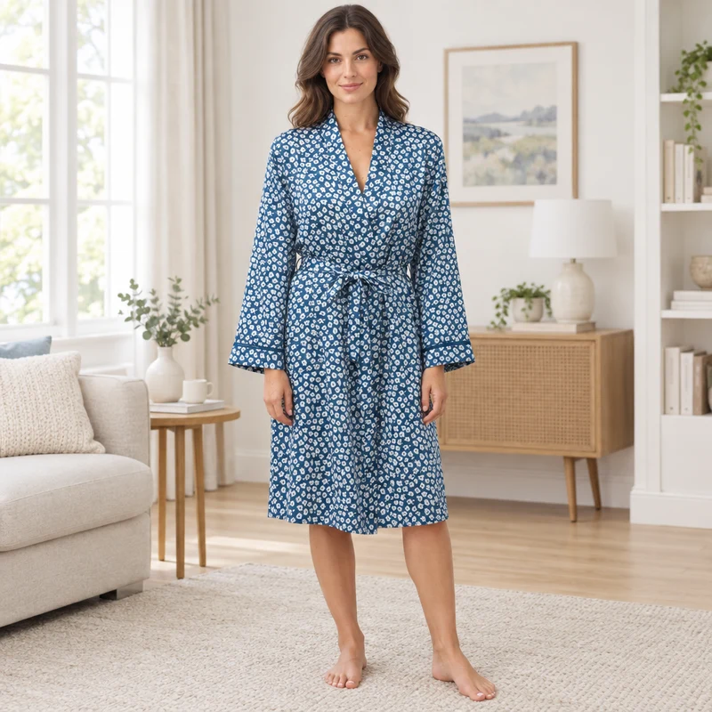 Damen-Satin-Kimono, luxuriöser Seiden-Morgenmantel, Pflaumenblau, Stahl