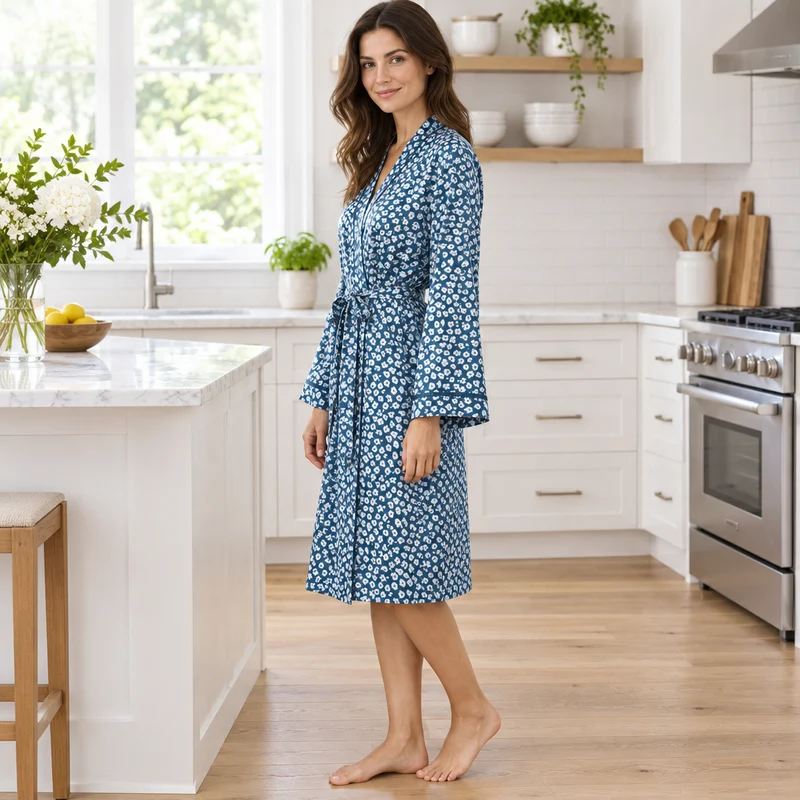 Damen-Satin-Kimono, luxuriöser Seiden-Morgenmantel, Pflaumenblau, Stahl