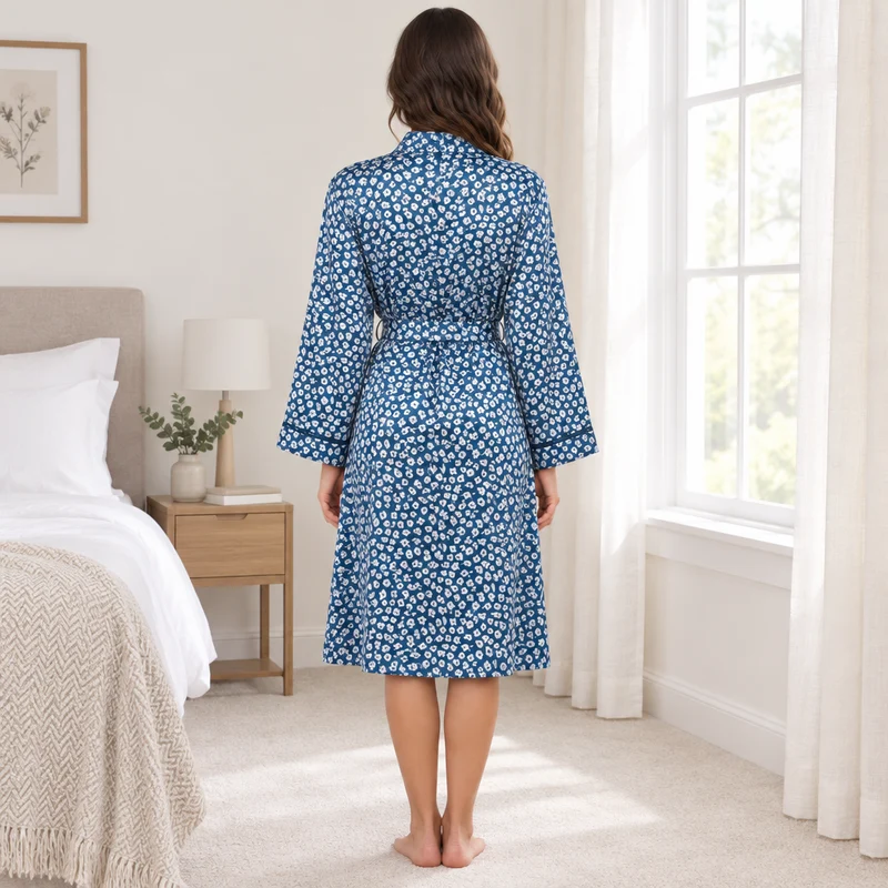 Damen-Satin-Kimono, luxuriöser Seiden-Morgenmantel, Pflaumenblau, Stahl