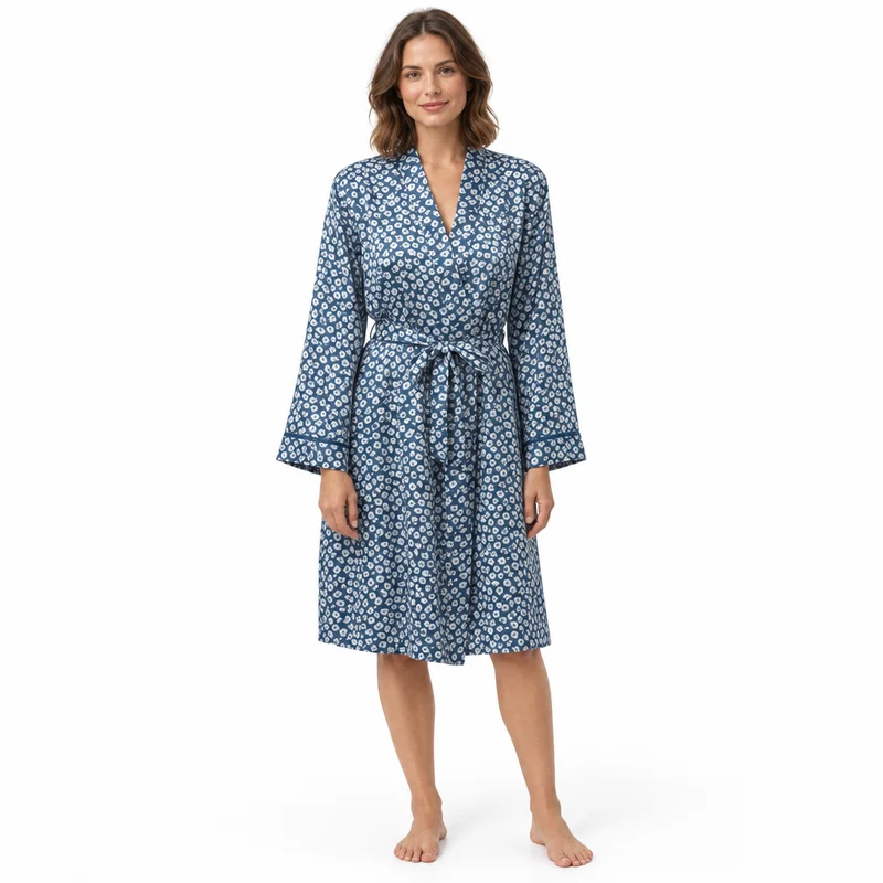 Damen-Satin-Kimono, luxuriöser Seiden-Morgenmantel, Pflaumenblau, Stahl
