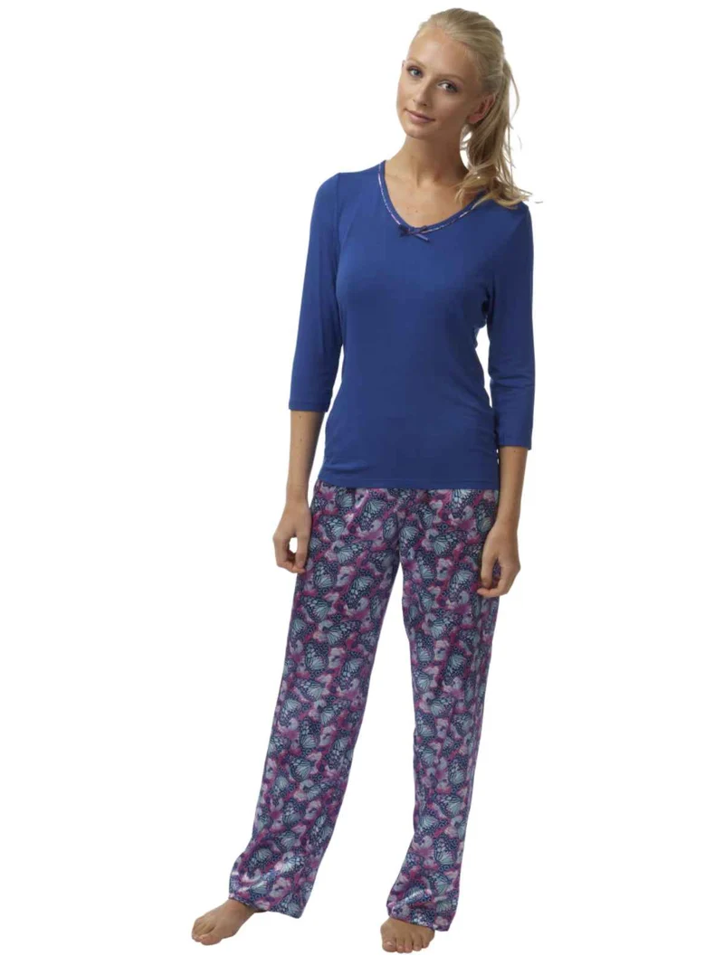 Damenpyjama aus Satin mit Schmetterlingsmuster und Viskose-Oberteil