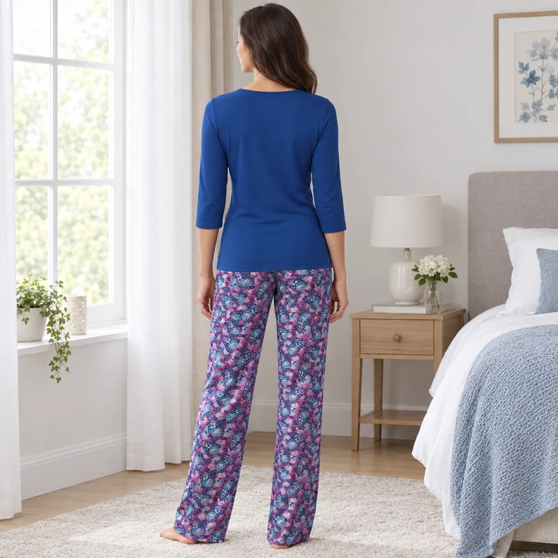 Damenpyjama aus Satin mit Schmetterlingsmuster und Viskose-Oberteil