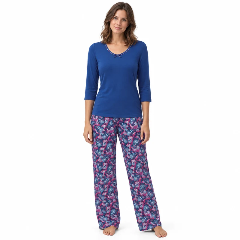Damenpyjama aus Satin mit Schmetterlingsmuster und Viskose-Oberteil