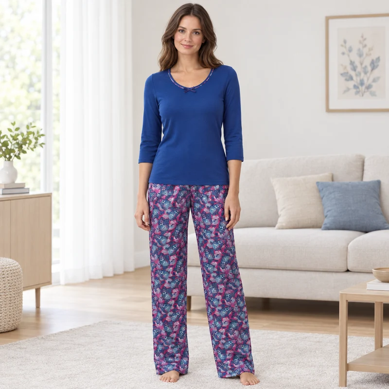 Damenpyjama aus Satin mit Schmetterlingsmuster und Viskose-Oberteil