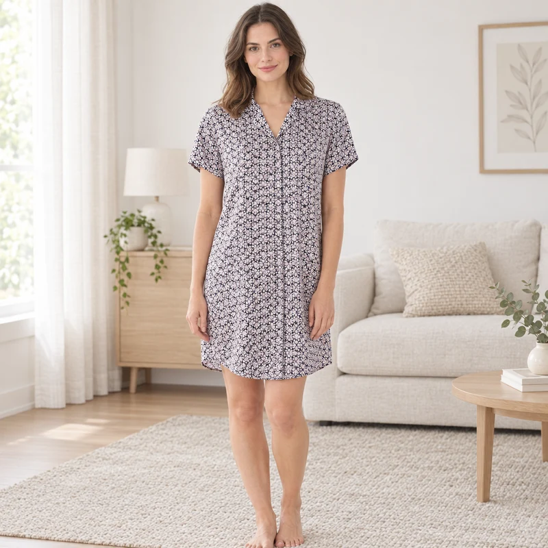 Damen-Nachthemd aus Satin, Marineblau, mit Knopfleiste und Blumenmuster