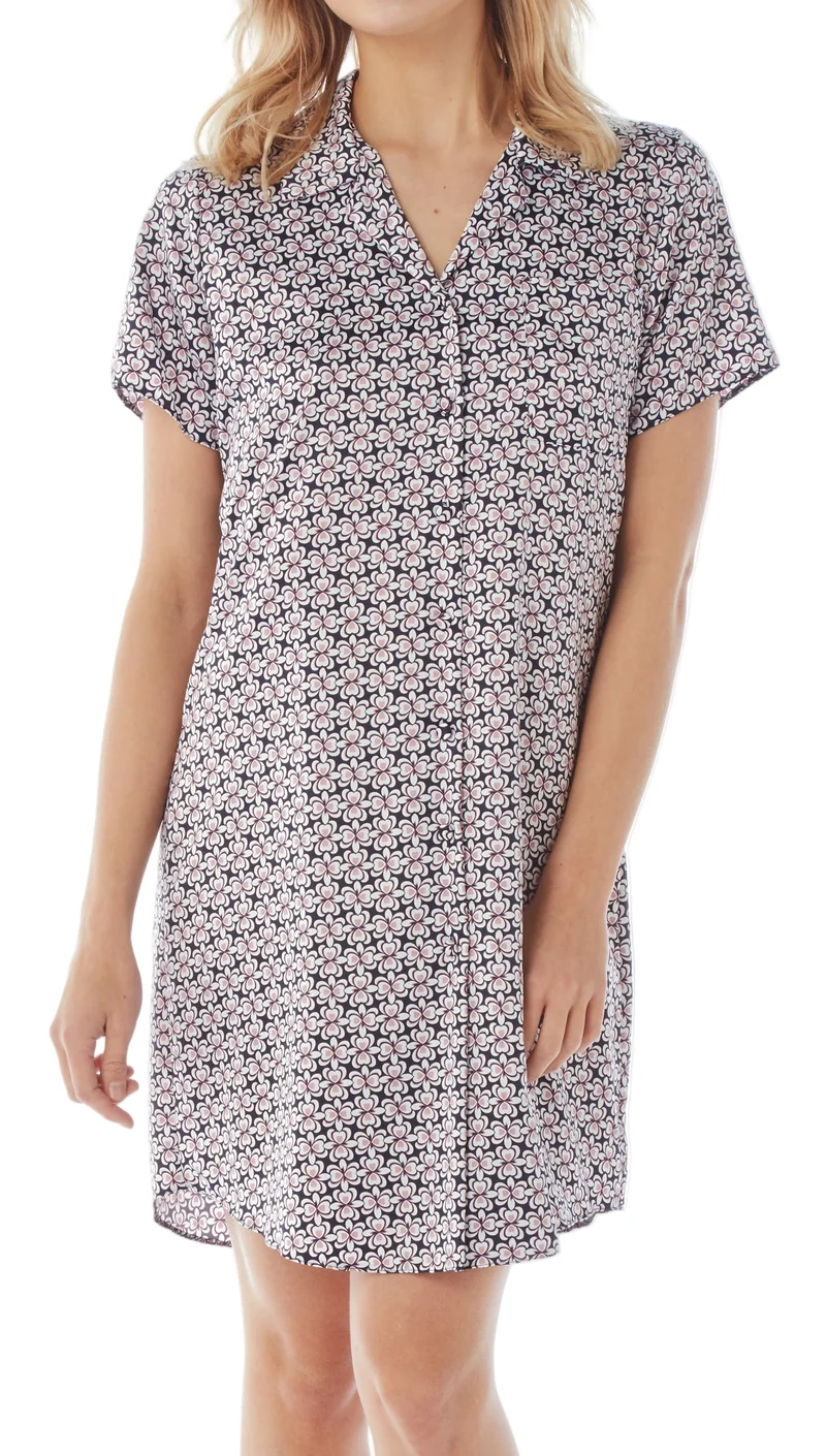 Damen-Nachthemd aus Satin, Marineblau, mit Knopfleiste und Blumenmuster