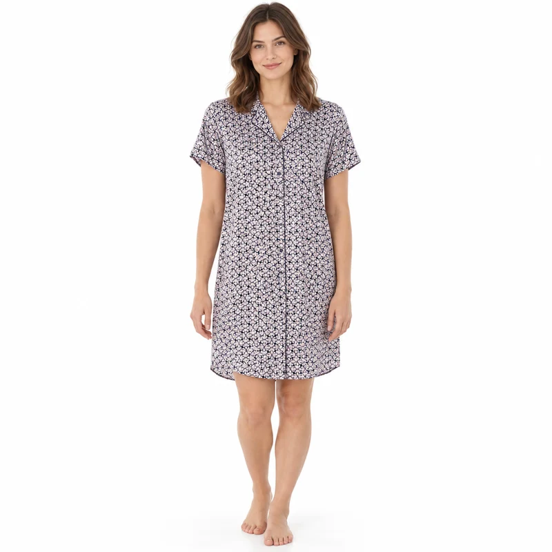 Damen-Nachthemd aus Satin, Marineblau, mit Knopfleiste und Blumenmuster