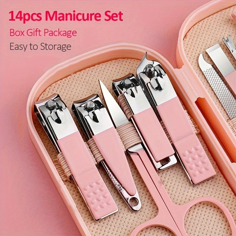 Ein 14-teiliges Maniküre- und Pediküre-Set aus Edelstahl, inklusive moderner Nagelknipser mit konkaven Kanten und Pflegeinstrumenten, sowie einer praktischen Aufbewahrungsbox – ein geruchsneutrales Nagelpflege-Set für Damen und Herren.