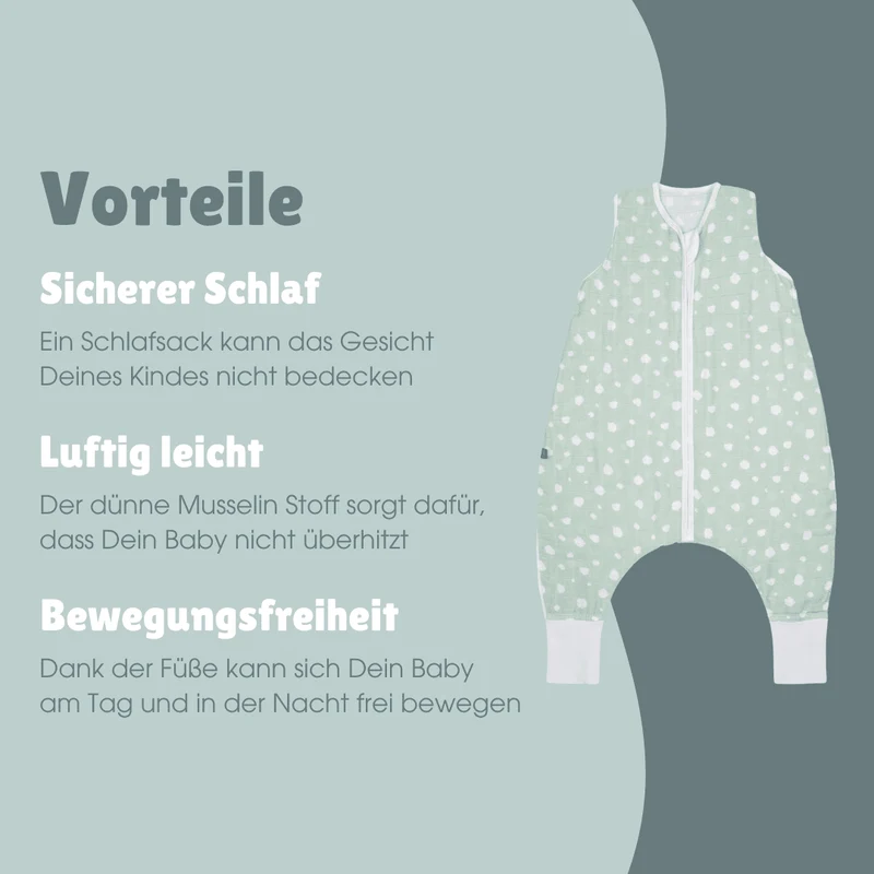 Musselin Schlafsack mit Füßen 0.5 TOG | Punkte Mint