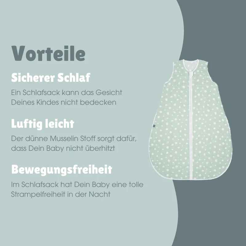 Musselin Schlafsack 0.5 TOG | Punkte Mint