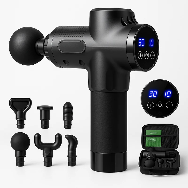Massagepistole mit 30 Geschwindigkeiten / Massage Gun für tiefe Muskelmassage mit bis zu 3600 Impulsen/min / 10 Aufsätze für Nacken, Rücken & Körper / Mit LCD-Touchscreen