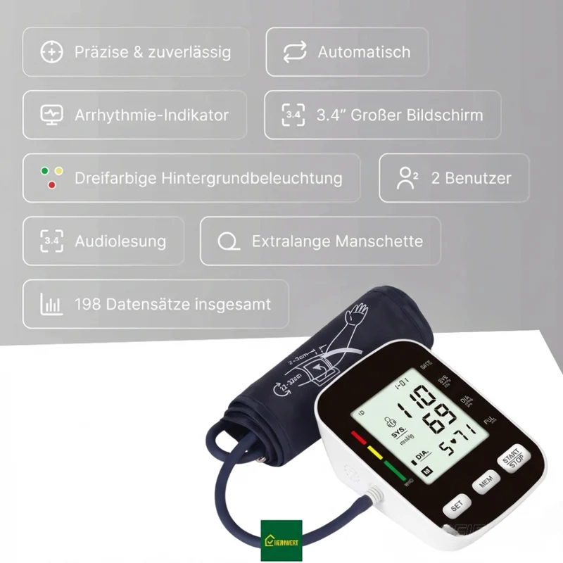 Blutdruckmessgerät mit digitalem Display / Mit komfortabler Manschette und Speicherfunktion / Blutdruck- und Pulsmessung