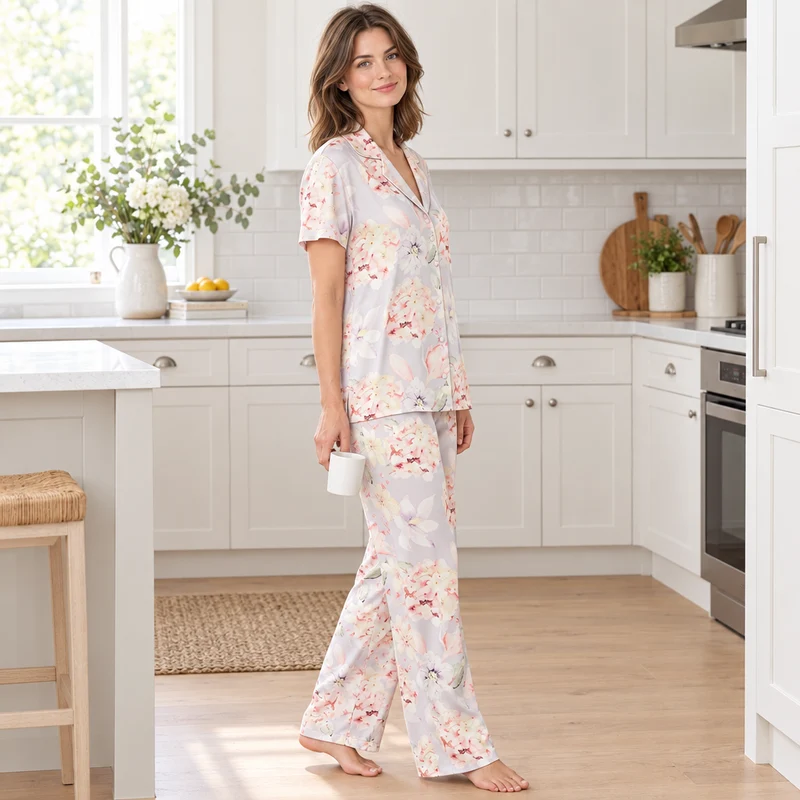 Damen-Pyjama-Set aus Satin mit Blumenmuster und kurzen Ärmeln