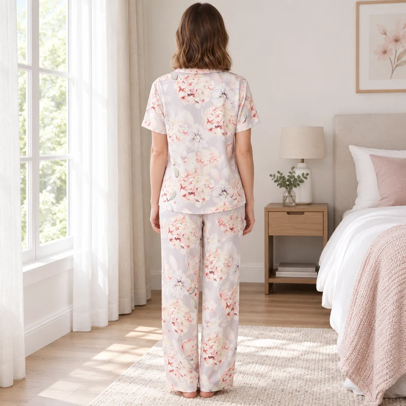 Damen-Pyjama-Set aus Satin mit Blumenmuster und kurzen Ärmeln