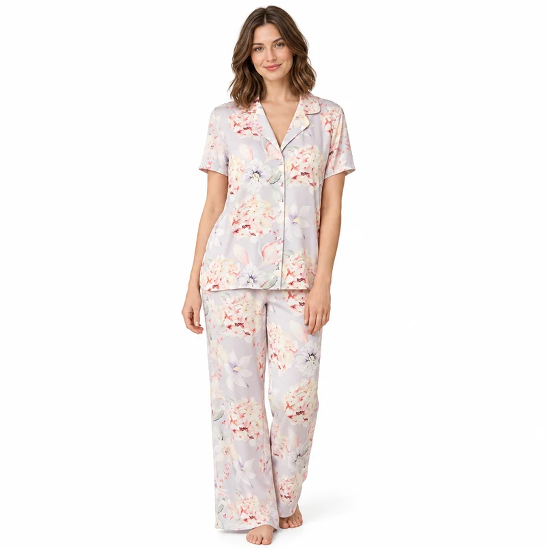 Damen-Pyjama-Set aus Satin mit Blumenmuster und kurzen Ärmeln
