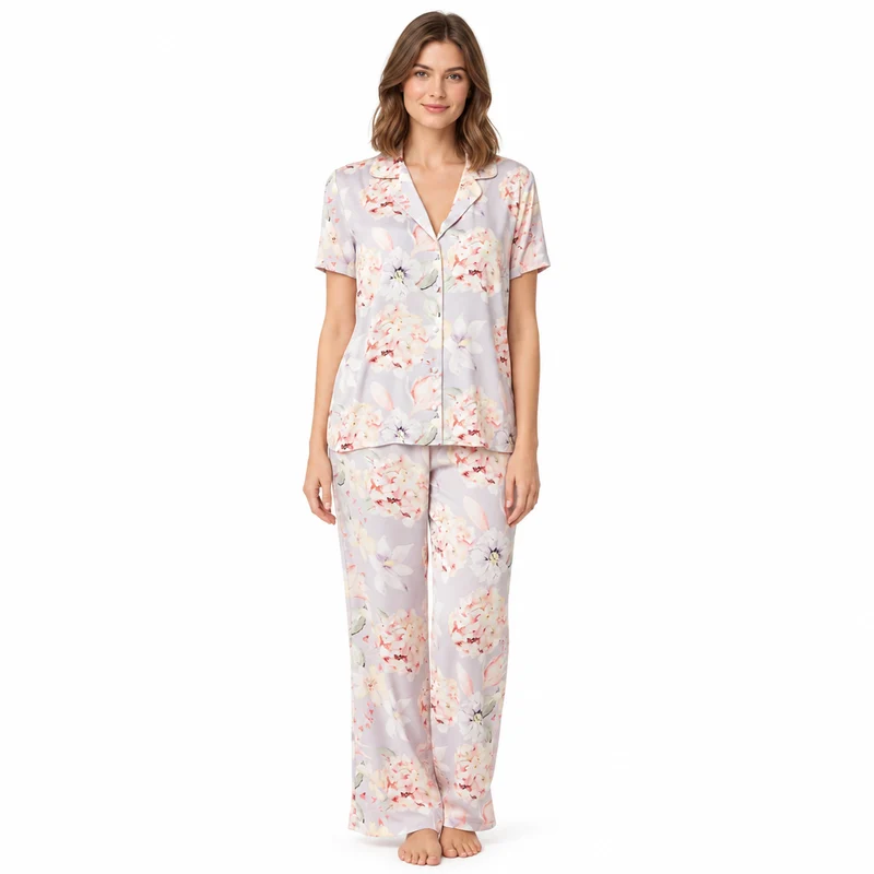 Damen-Pyjama-Set aus Satin mit Blumenmuster und kurzen Ärmeln