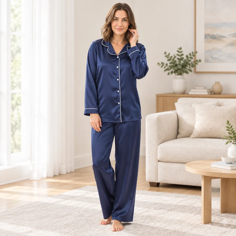 Damen-Langarmpyjama-Set mit kontrastierender Paspelierung