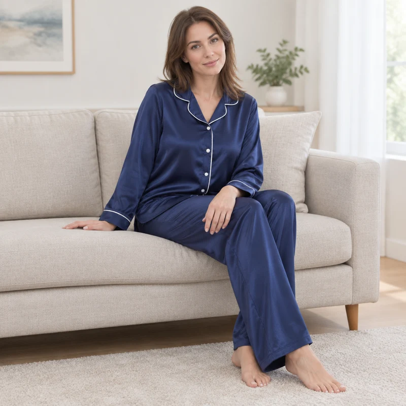 Damen-Langarmpyjama-Set mit kontrastierender Paspelierung