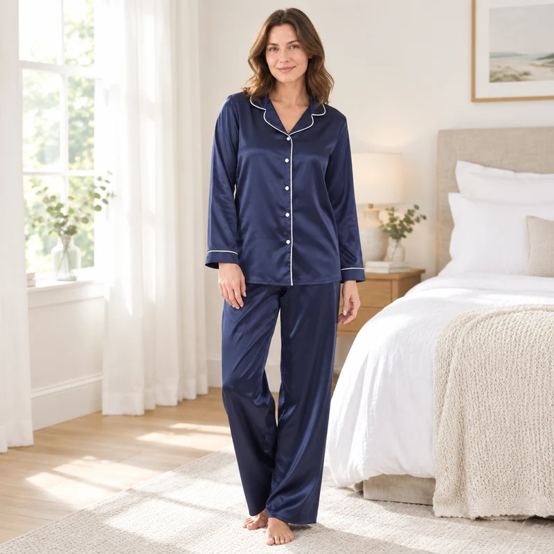 Damen-Langarmpyjama-Set mit kontrastierender Paspelierung