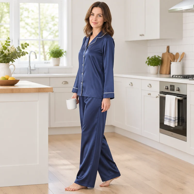 Damen-Langarmpyjama-Set mit kontrastierender Paspelierung