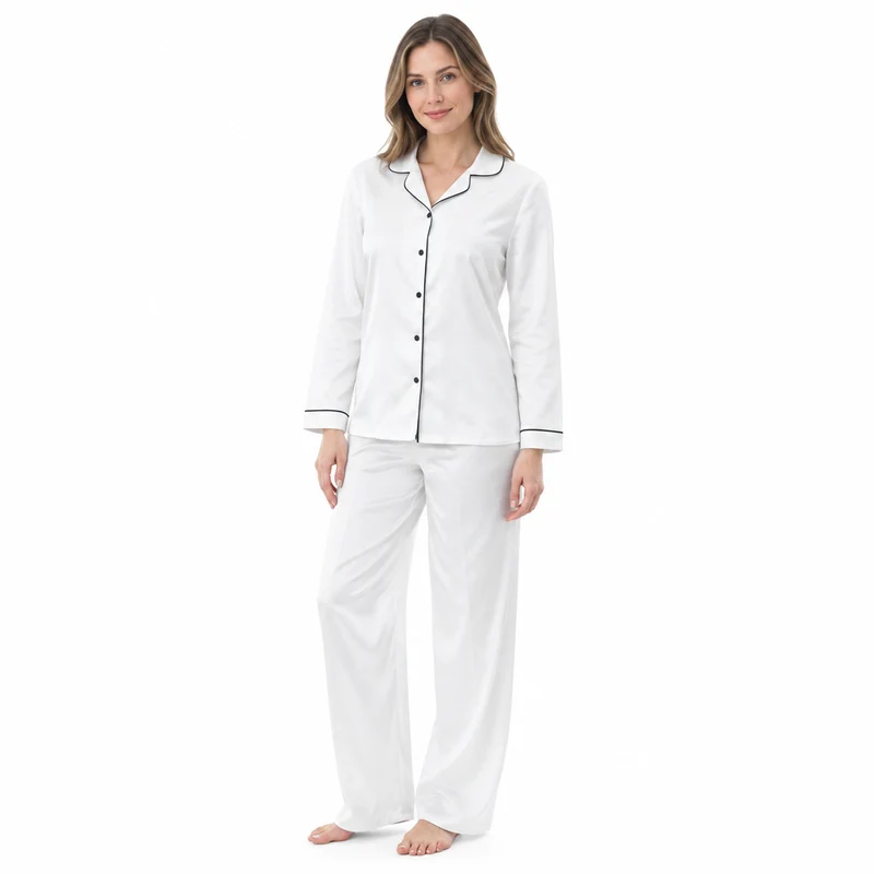 Damen-Langarmpyjama-Set mit kontrastierender Paspelierung