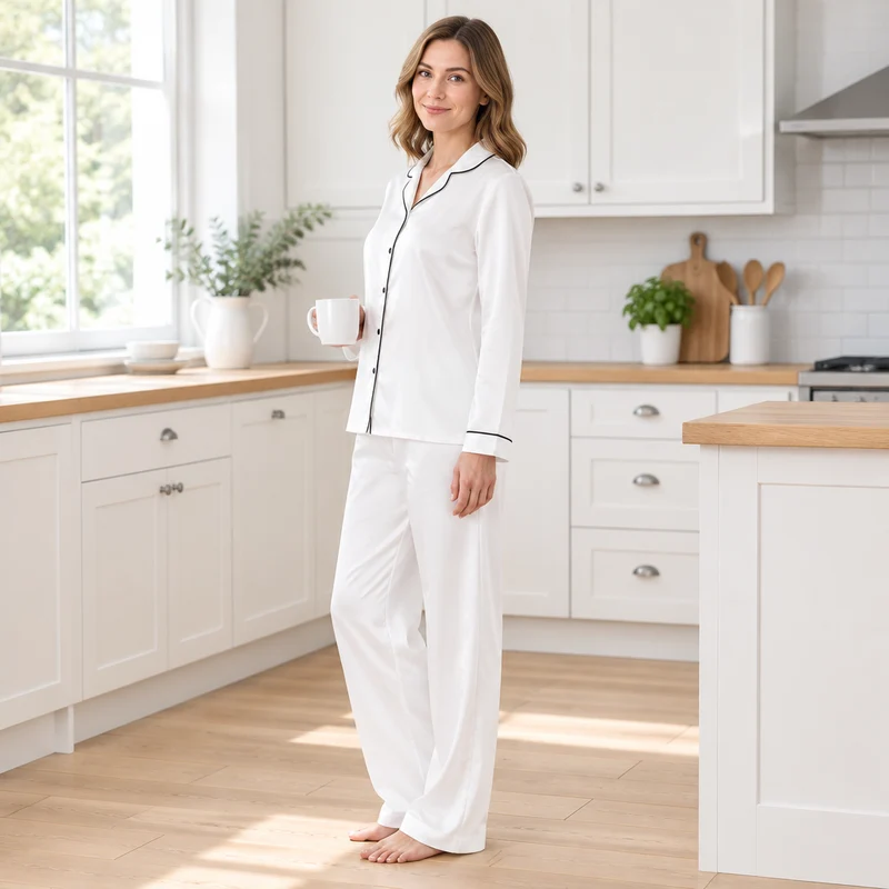 Damen-Langarmpyjama-Set mit kontrastierender Paspelierung
