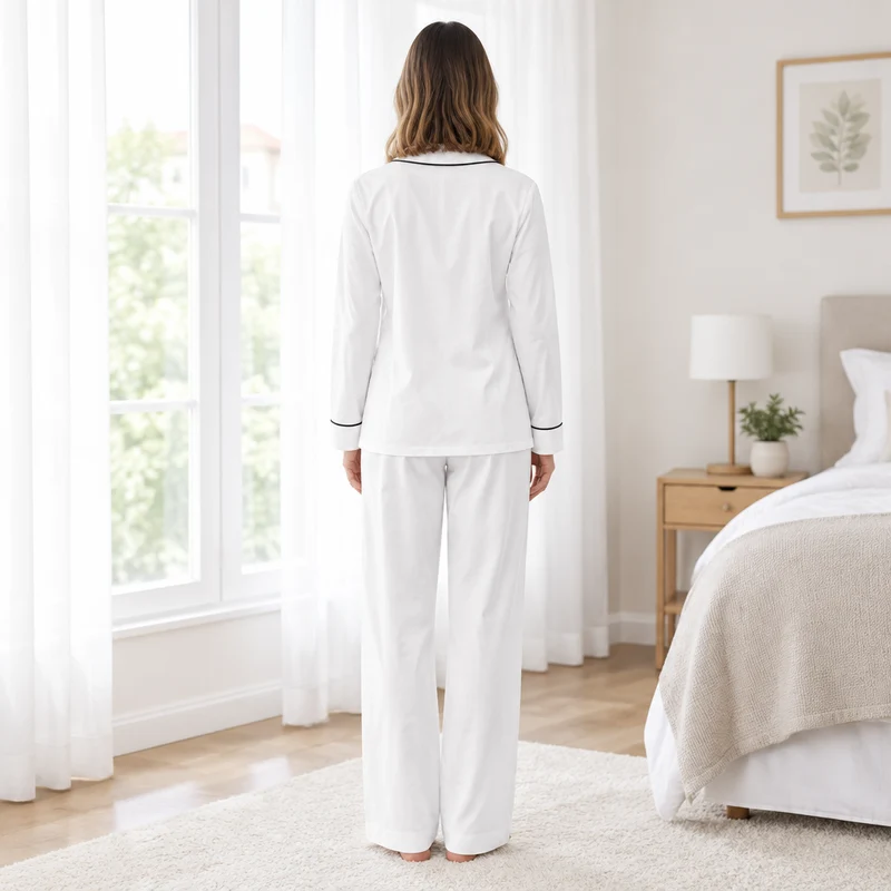 Damen-Langarmpyjama-Set mit kontrastierender Paspelierung