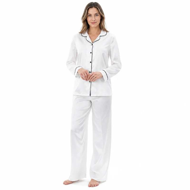 Damen-Langarmpyjama-Set mit kontrastierender Paspelierung