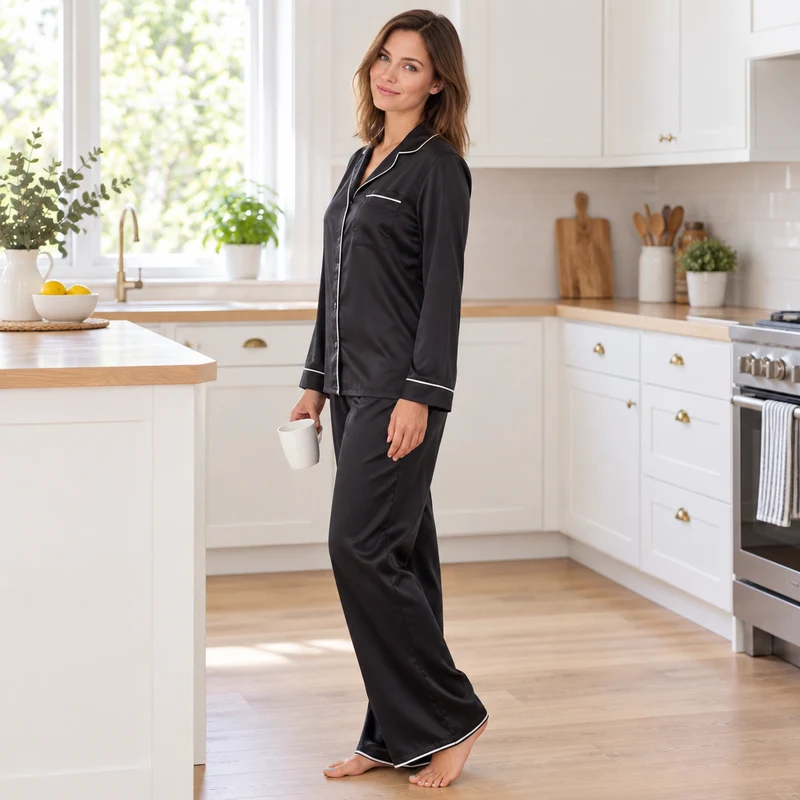 Damen-Langarmpyjama-Set mit kontrastierender Paspelierung