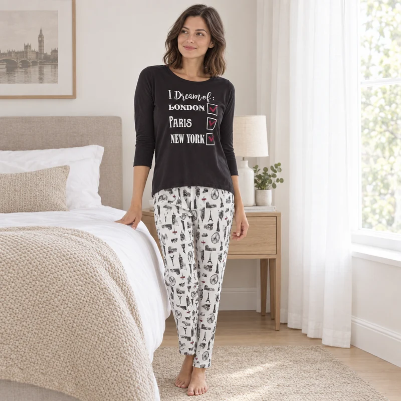 Damen-Pyjama-Set für den Städtetrip mit bedruckter Hose
