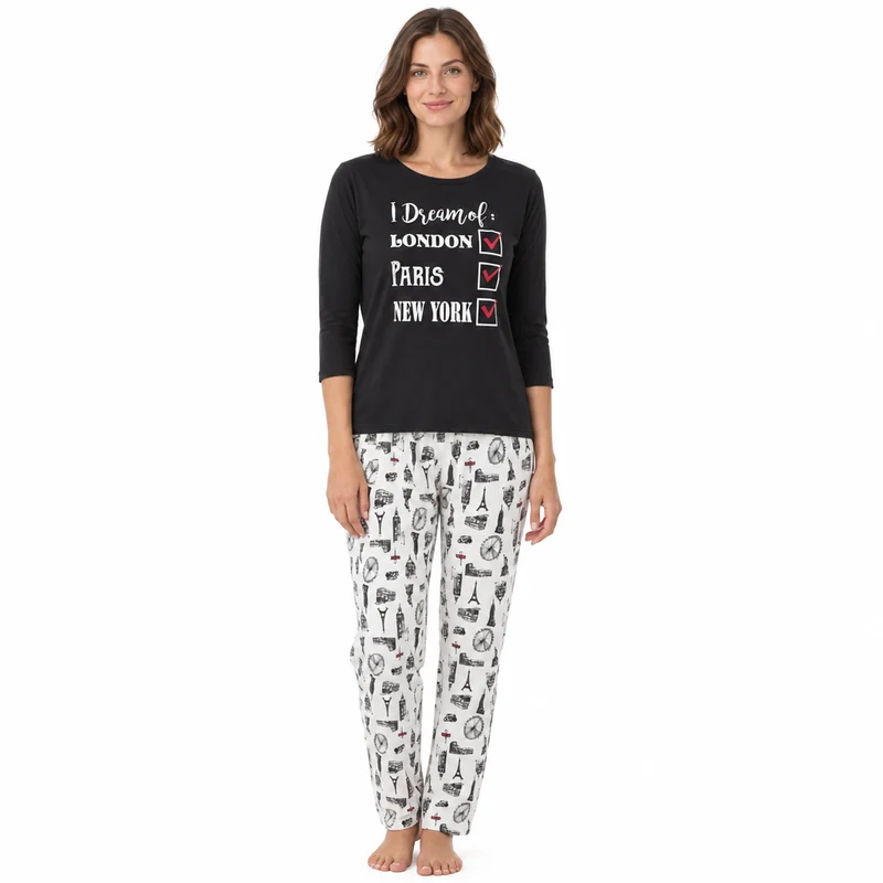 Damen-Pyjama-Set für den Städtetrip mit bedruckter Hose
