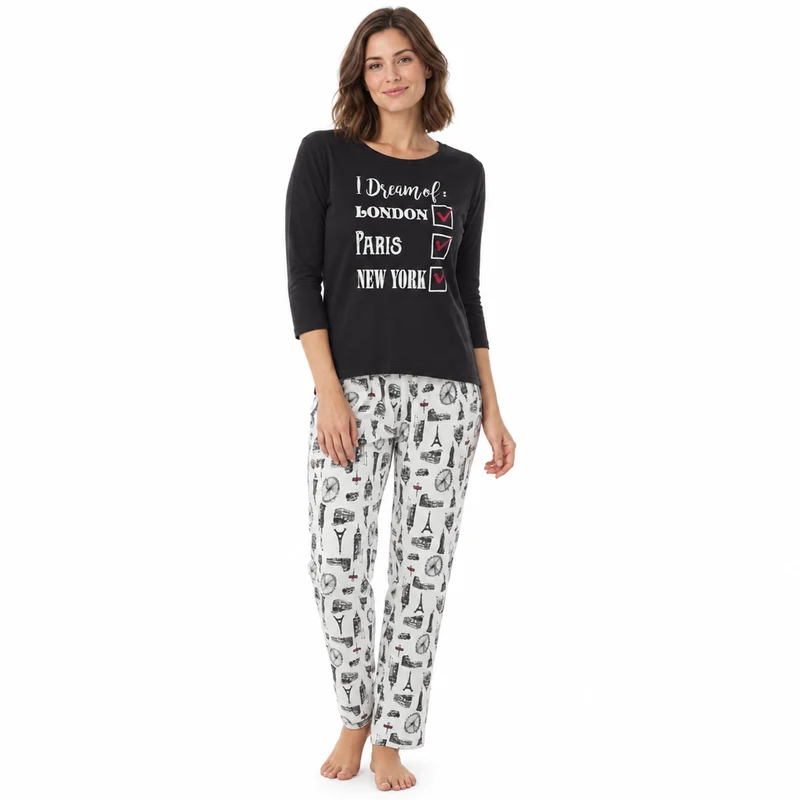 Damen-Pyjama-Set für den Städtetrip mit bedruckter Hose