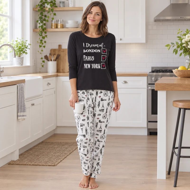 Damen-Pyjama-Set für den Städtetrip mit bedruckter Hose