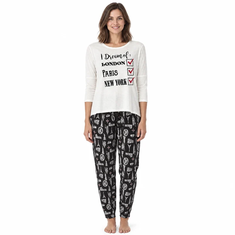 Damen-Pyjama-Set für den Städtetrip mit bedruckter Hose
