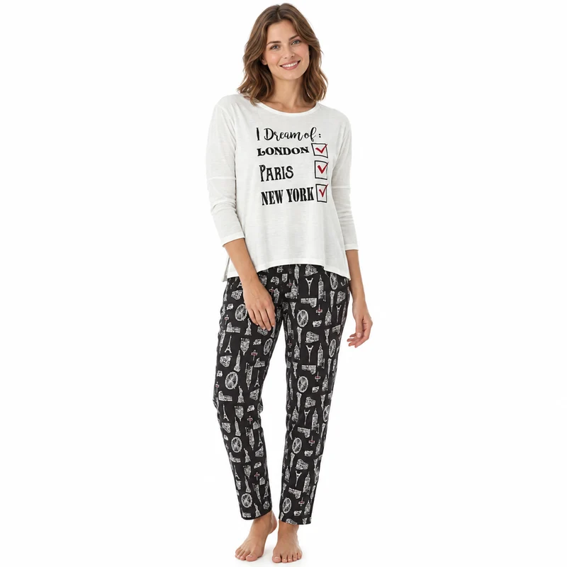 Damen-Pyjama-Set für den Städtetrip mit bedruckter Hose