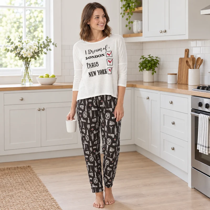 Damen-Pyjama-Set für den Städtetrip mit bedruckter Hose