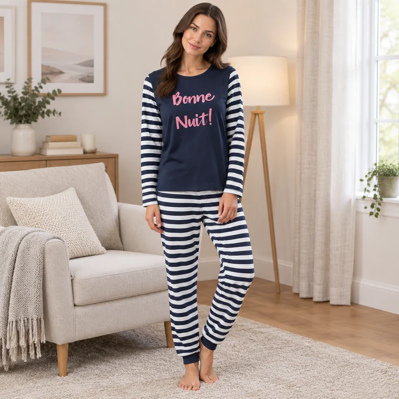 Damen-Pyjama-Set mit marineblauen Streifen und langen Ärmeln