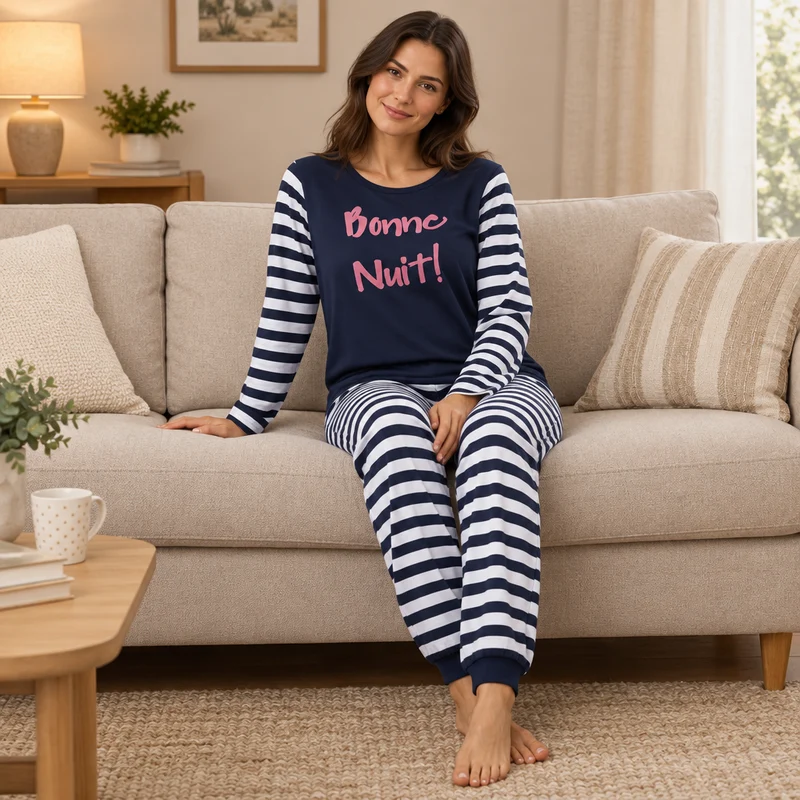 Damen-Pyjama-Set mit marineblauen Streifen und langen Ärmeln