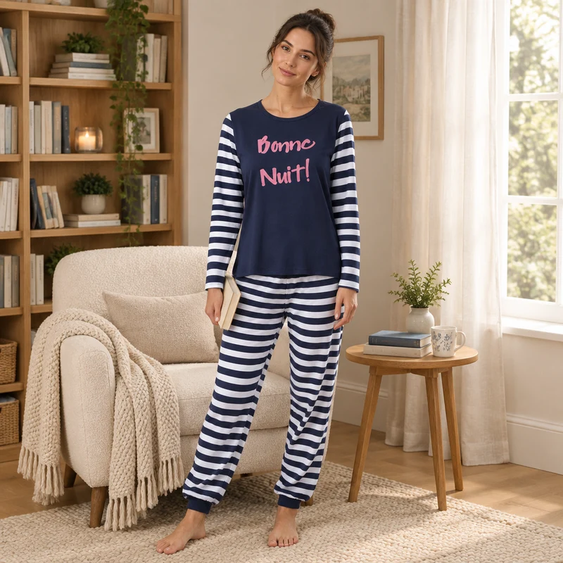 Damen-Pyjama-Set mit marineblauen Streifen und langen Ärmeln
