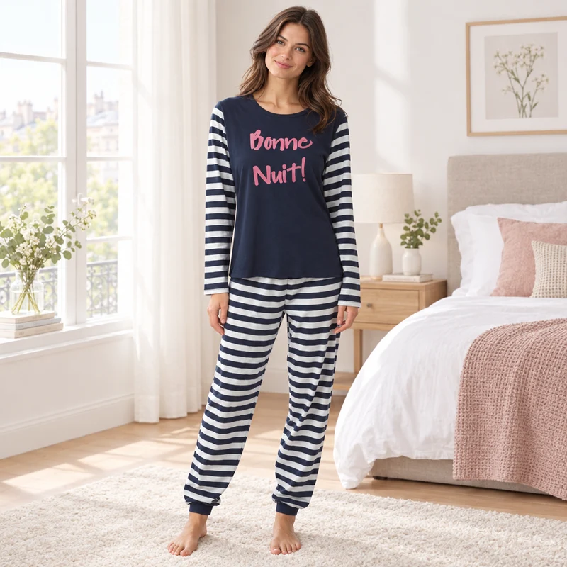 Damen-Pyjama-Set mit marineblauen Streifen und langen Ärmeln