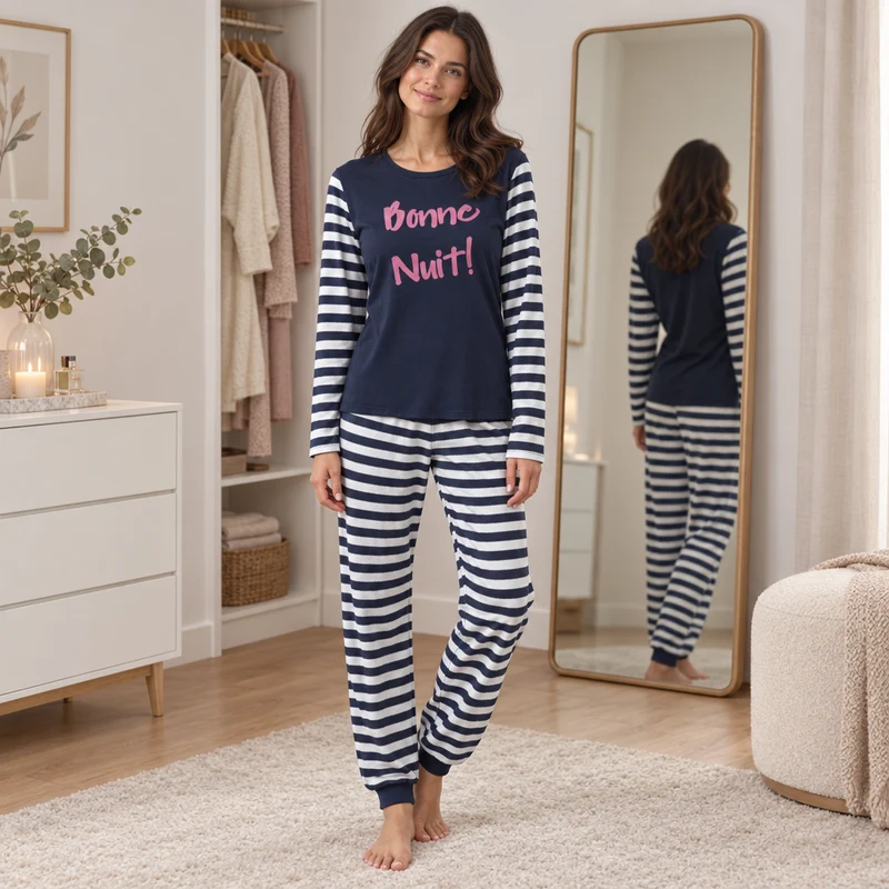 Damen-Pyjama-Set mit marineblauen Streifen und langen Ärmeln